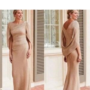 Betsy & Adam Gold Asymmetrical Backless Gown for Weddings